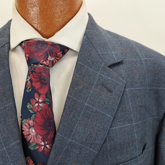 Joseph Feiss Mens 50R Blue Silk Wool Plaid Suit Jacket Blazer Windowpane